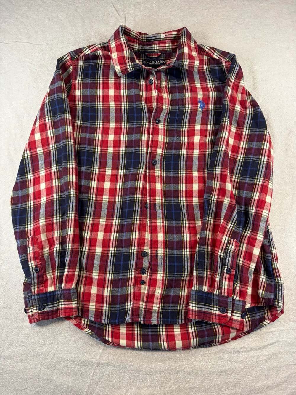 U.S. Polo Assn. Plaid Button-Down Flannel Shirt Boys XL (14-16) Red Navy